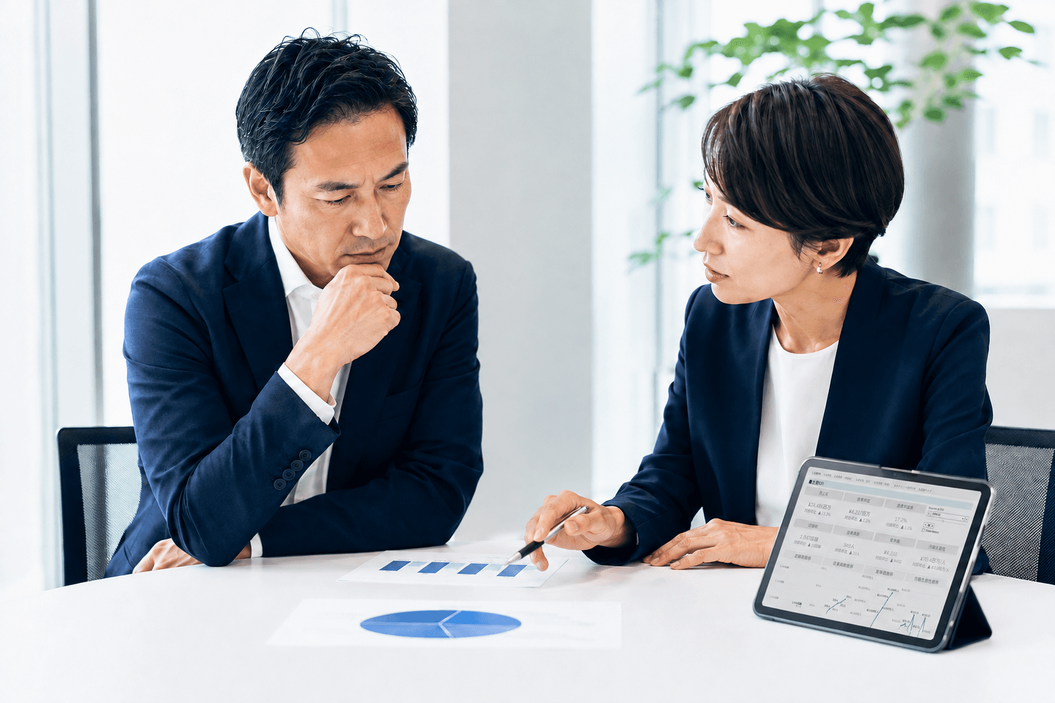 データを確認しながら次の事業施策を検討するイメージ(AI生成・画面再現イメージ)