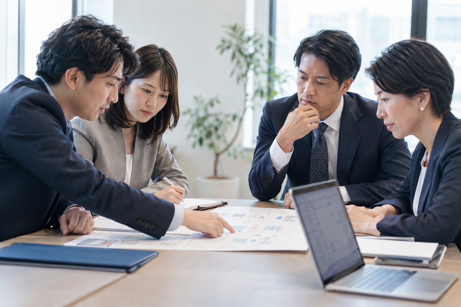 業務フローを見ながら改善計画を話し合う専門家と事業担当者のAI生成イメージ