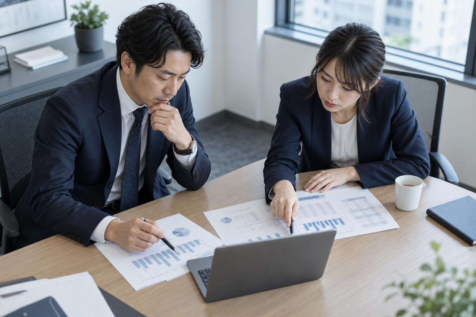 部門ごとの集計資料を突き合わせ、判断材料を整理する場面のAI生成イメージ