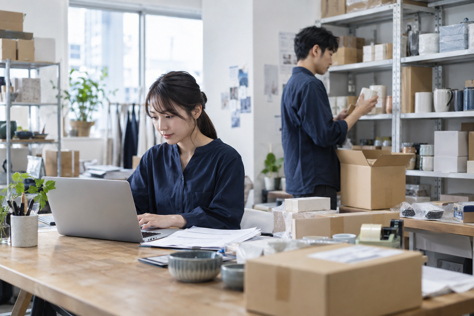 注文表・在庫・発送作業を別々に確認するEC現場のAI生成イメージ