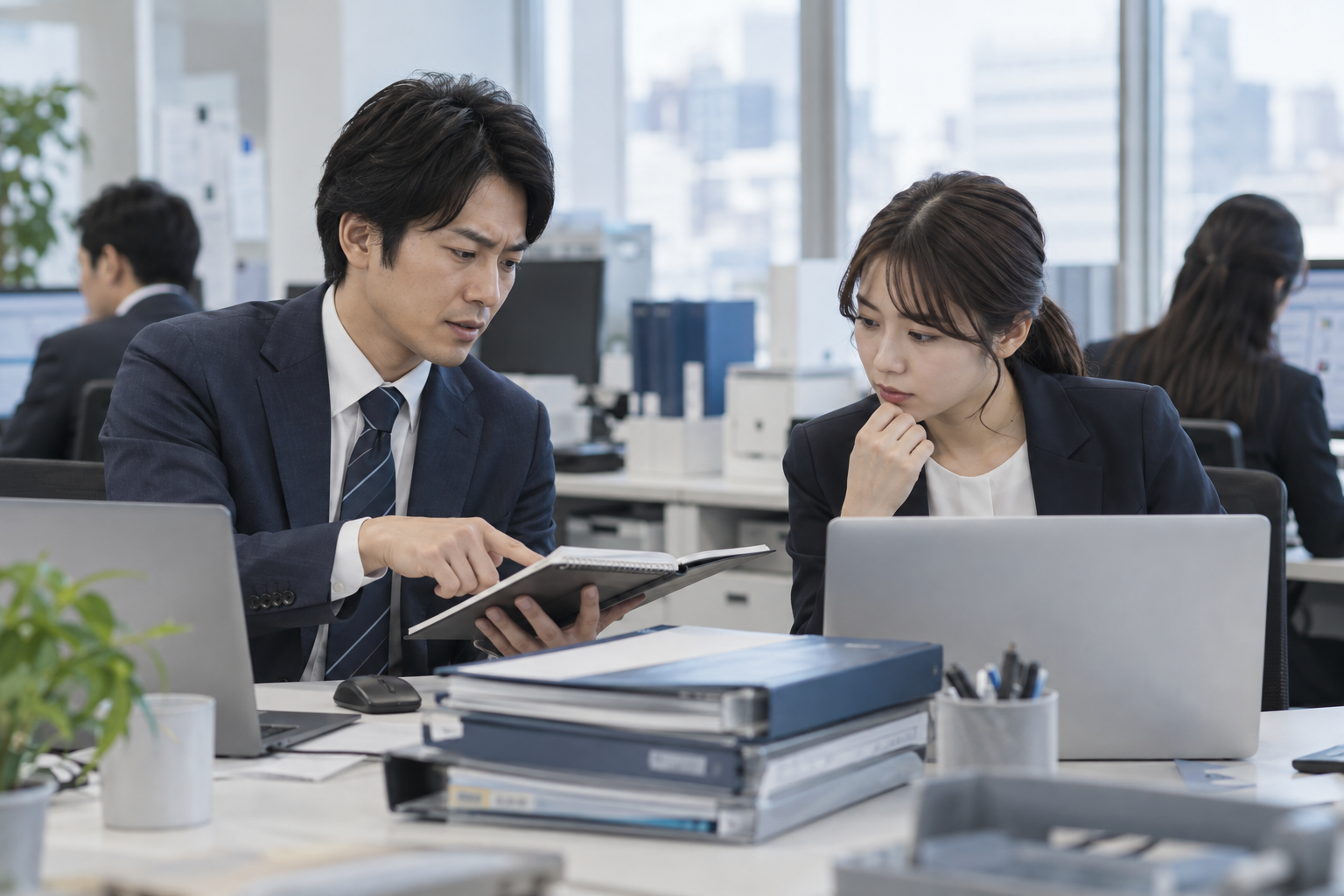 担当者の手元の記録と別の画面を照合し、顧客情報を引き継ぐ場面のAI生成イメージ